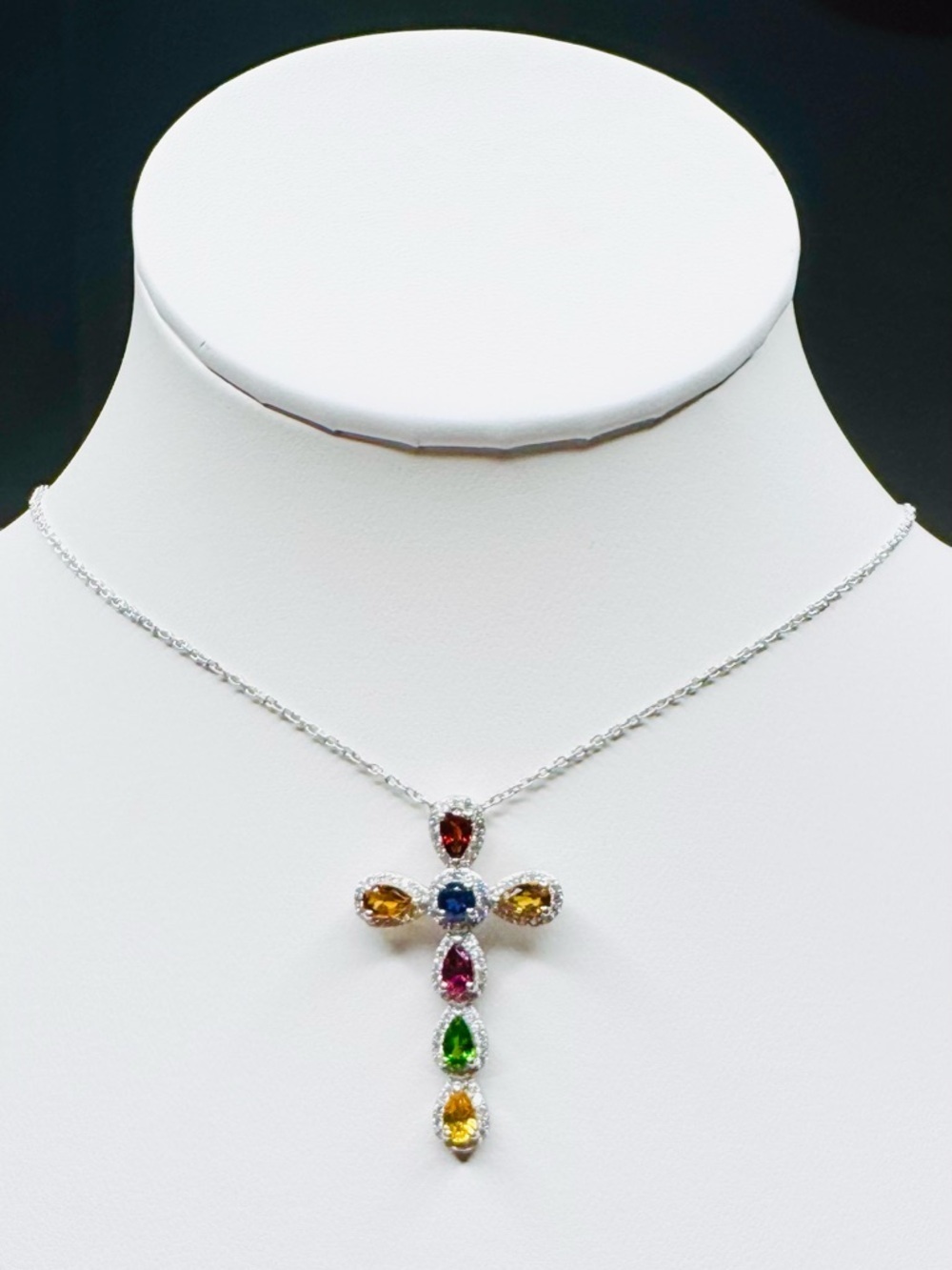 Genuine Multi Color Sapphire Cross Pendant Necklace 18K White Gold